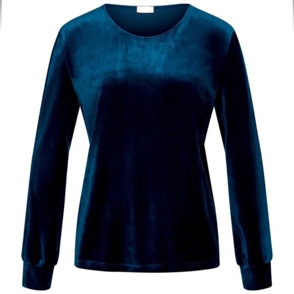 Hanro Damen Velvet Round Neck Pullover Size Extra Small Color: Mystic Blue